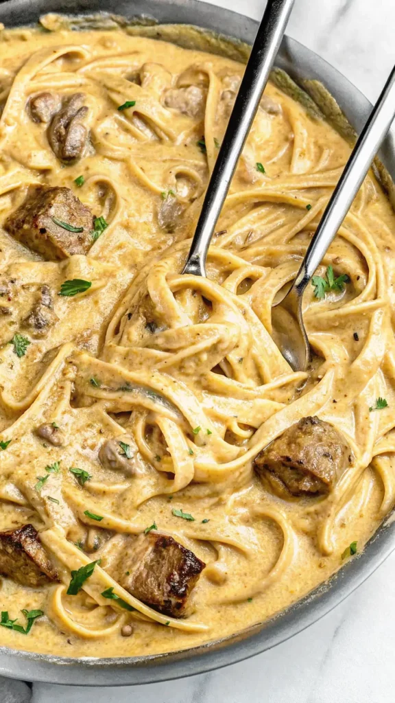 Garlic Butter Steak with Parmesan Alfredo