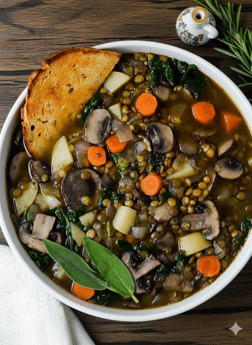 Cozy Vegan Lentil &amp; Mushroom Stew with Sage