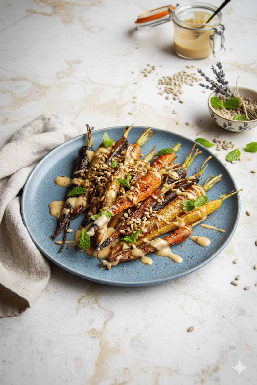 Roasted Rainbow Carrots with Sumac and Sunflower Dressing