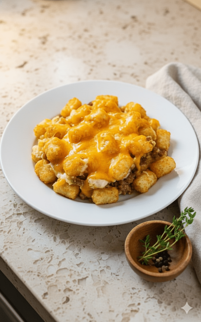 Crispy Sausage Tater Tot Breakfast Casserole