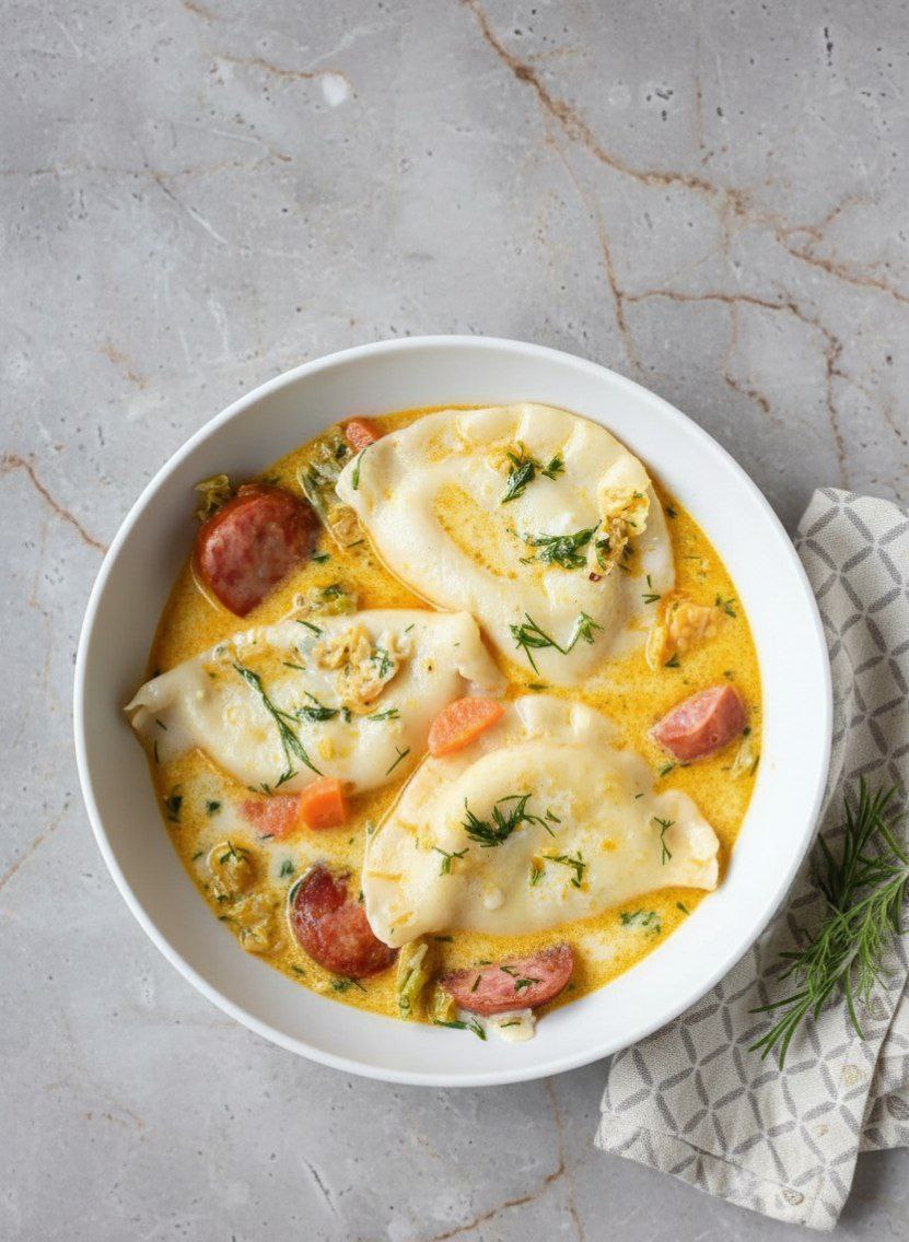 Creamy Pierogi Dill Soup with Kielbasa